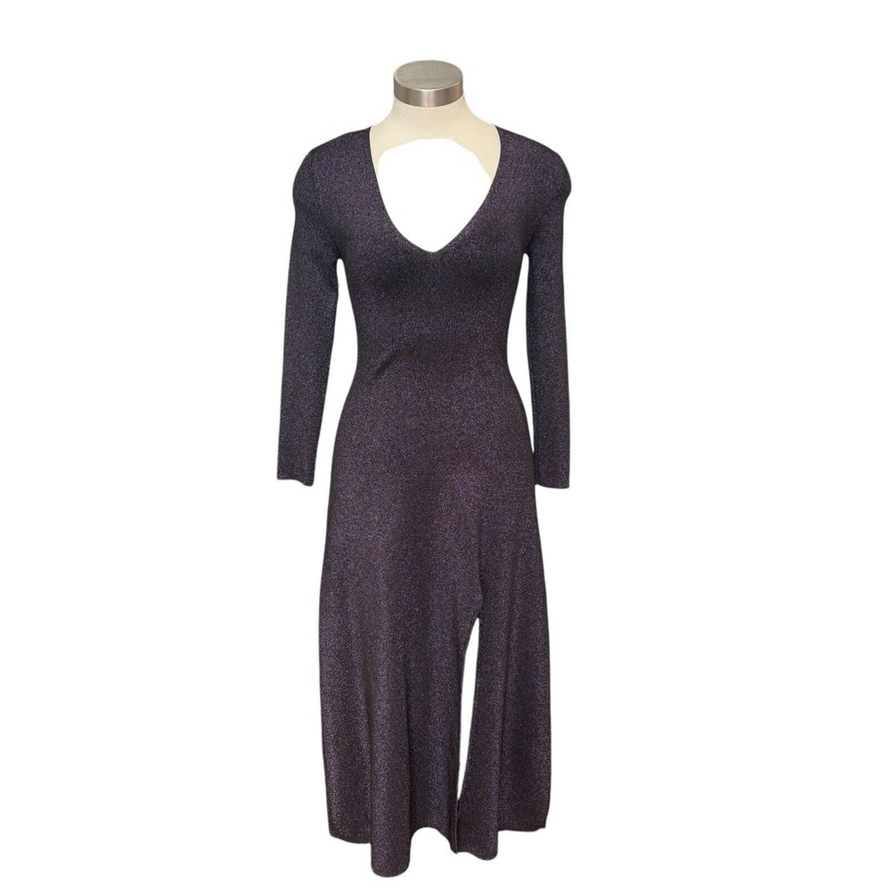 A.L.C. Dress Serafina Shimmer Long Sleeve Knit Midi Slit Black Purple Sz. M